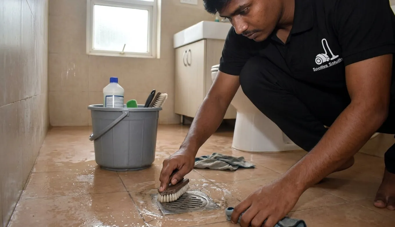 Professional bathroom drain and floor edge cleaning in Hyderabad